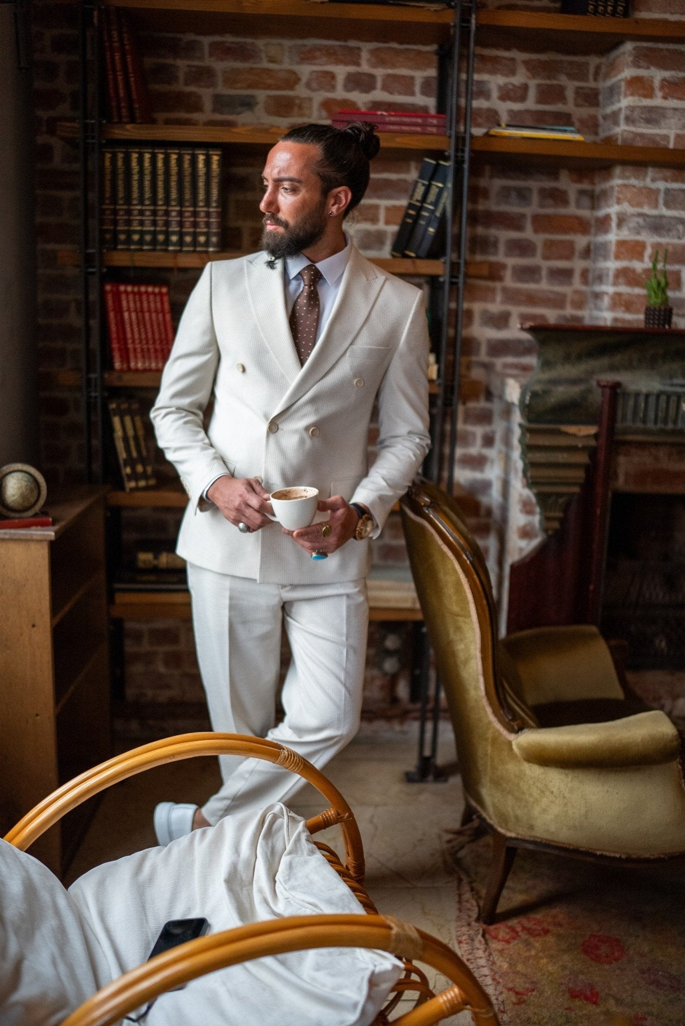 Men’s Beige Double-Breasted Slim Fit Suit