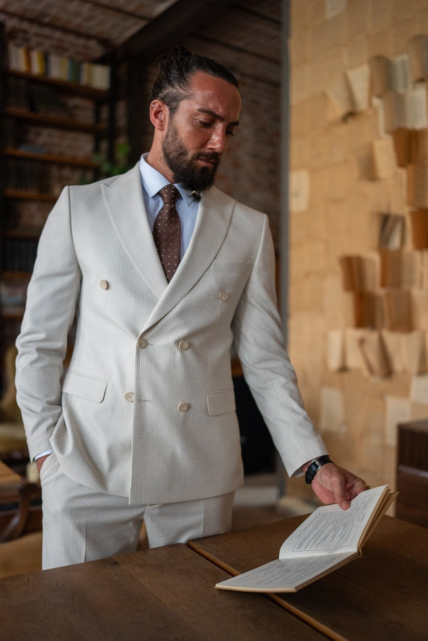 Men’s Beige Double - Breasted Winter Suit - SUITHARBOR