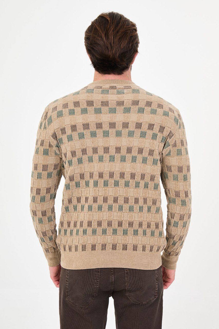 Back view of the men's beige geometric patterned sweater