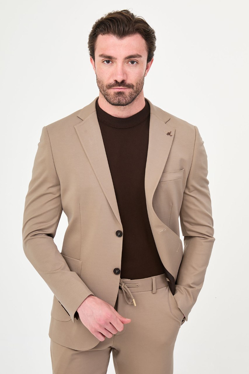 Men's beige two-piece suit front styled view