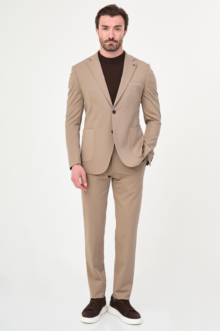 Men's beige two-piece suit full-length outfit