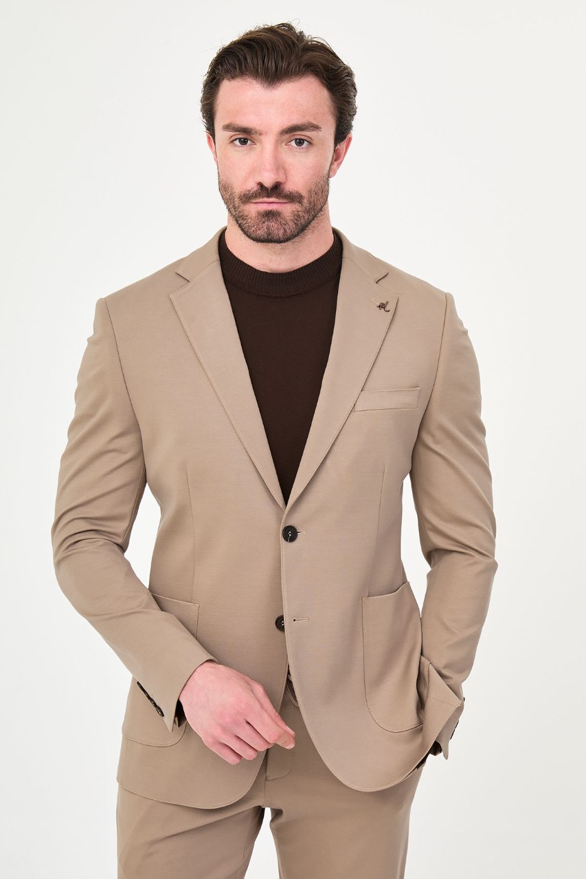 Men's beige two-piece suit two-button jacket front