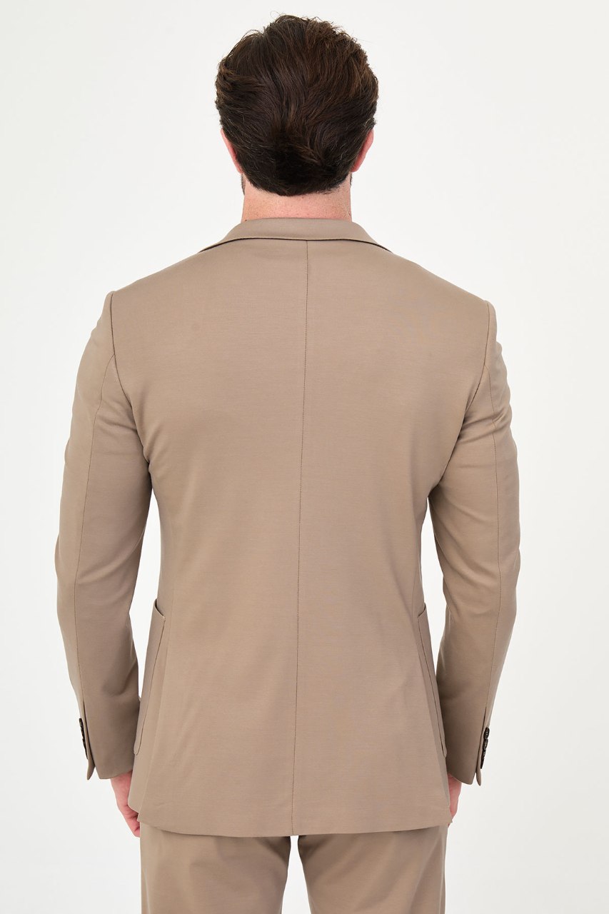 Men's beige two-piece suit rear jacket view