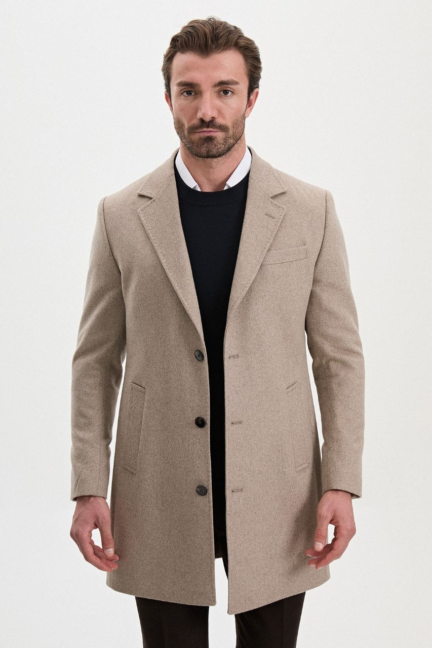 Men’s beige wool-blend overcoat with notch lapels, front fastened view