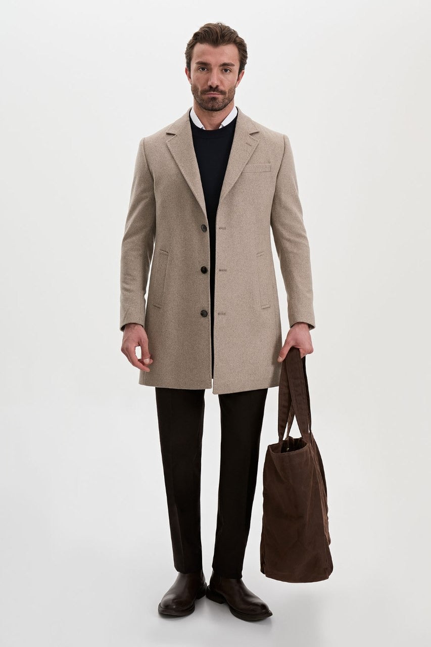 Men’s beige wool-blend overcoat with notch lapels, front full view