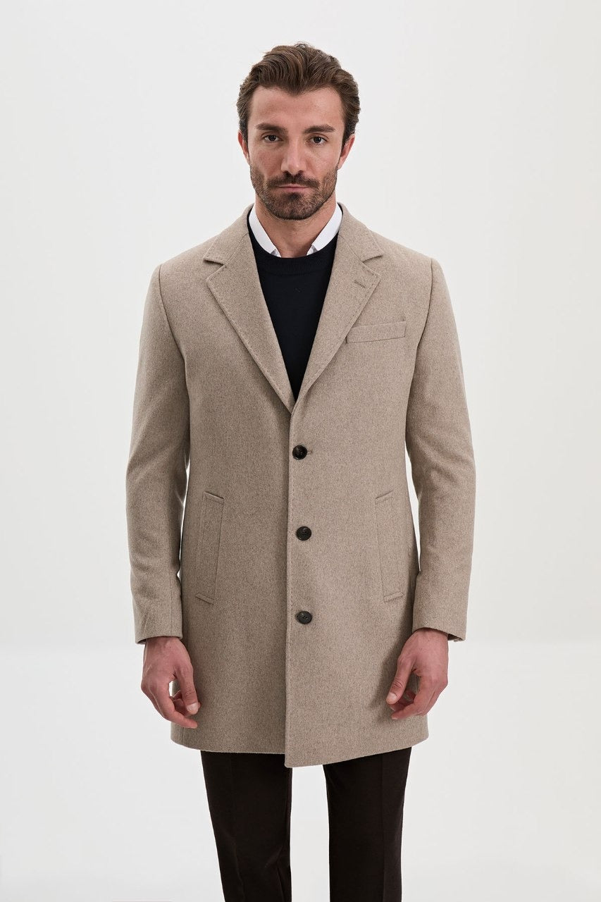 Men’s beige wool-blend overcoat with notch lapels, front open view