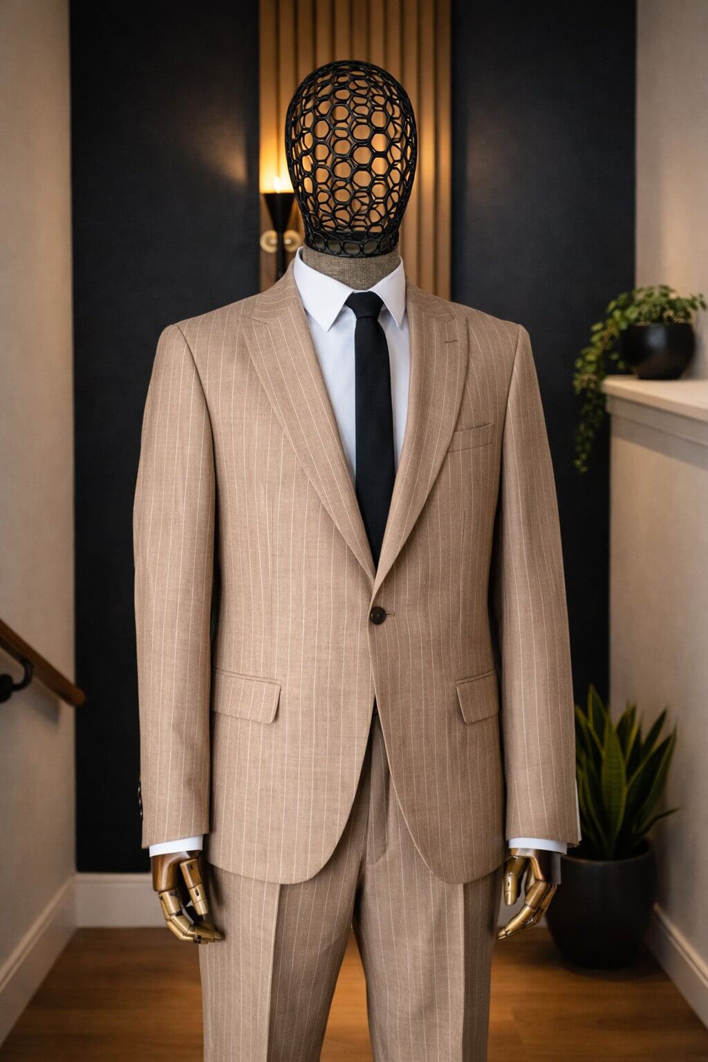 Men’s Beige Pinstripe Slim Fit Suit - SUITHARBOR
