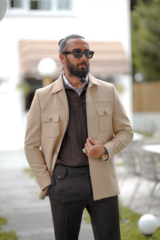 Men’s Beige Pocket Detailed Short Coat - SUITHARBOR