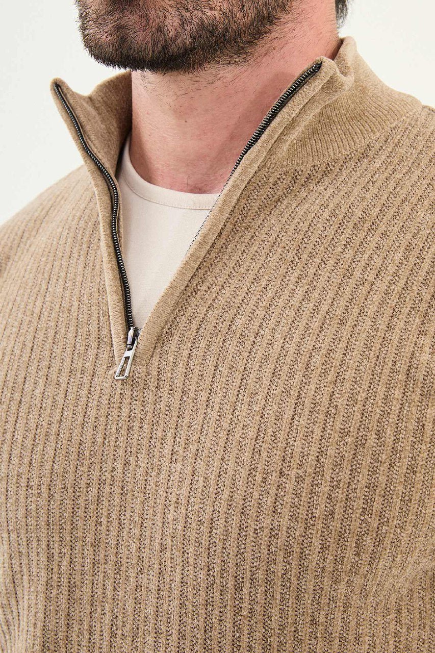 Men’s Beige Ribbed Half - Zip Knitwear Sweater - SUITHARBOR