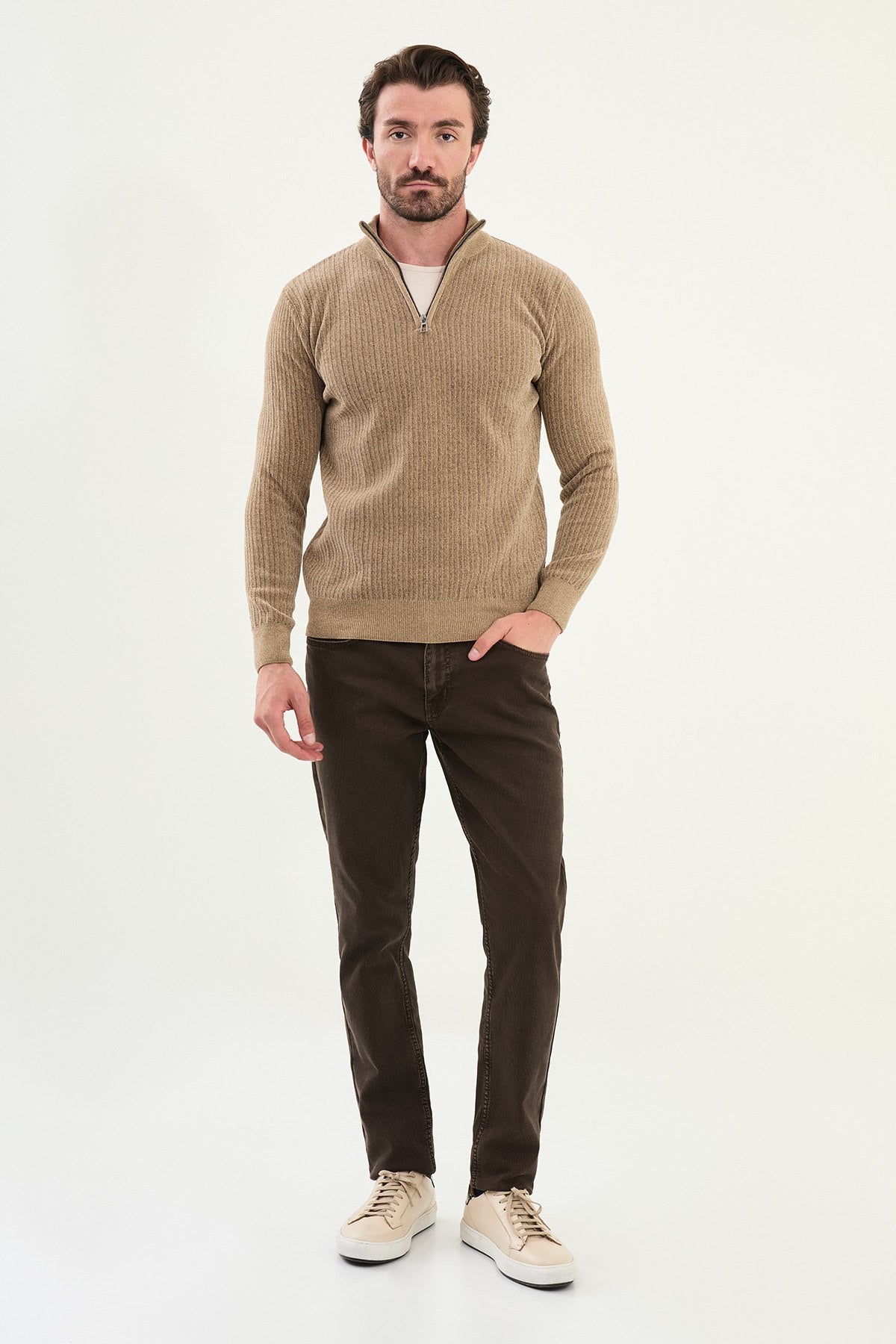 Men’s Beige Ribbed Half - Zip Knitwear Sweater - SUITHARBOR