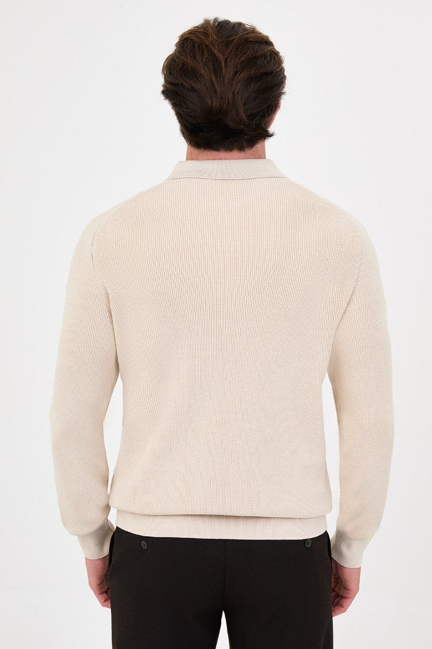 Back view of the men's beige ribbed quarter-zip polo sweater