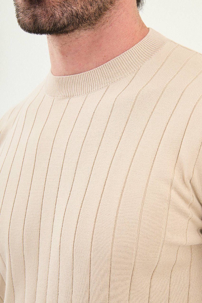 Men’s Beige Ribbed Slim Fit Knitwear Mockup Sweater - SUITHARBOR
