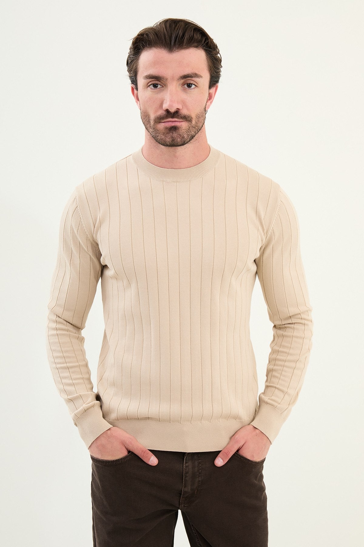 Men’s Beige Ribbed Slim Fit Knitwear Mockup Sweater - SUITHARBOR