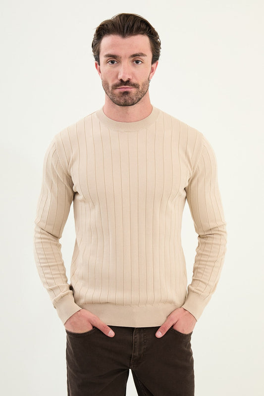 Men’s Beige Ribbed Slim Fit Knitwear Mockup Sweater - SUITHARBOR