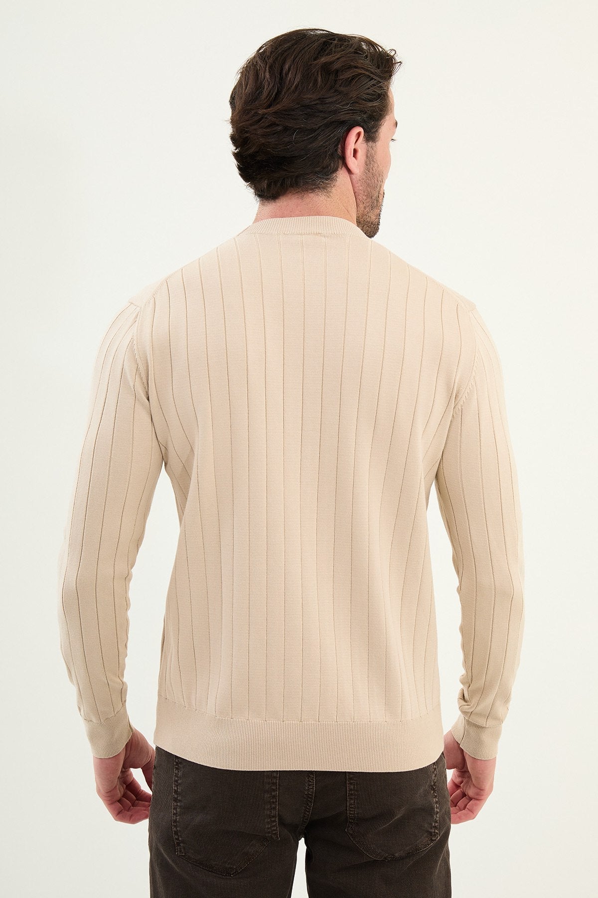 Men’s Beige Ribbed Slim Fit Knitwear Mockup Sweater - SUITHARBOR