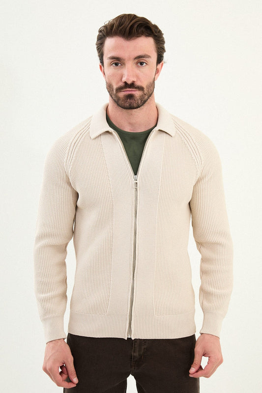 Men’s Beige Ribbed Slim Fit Zip - Up Knitwear Cardigan Sweater - SUITHARBOR