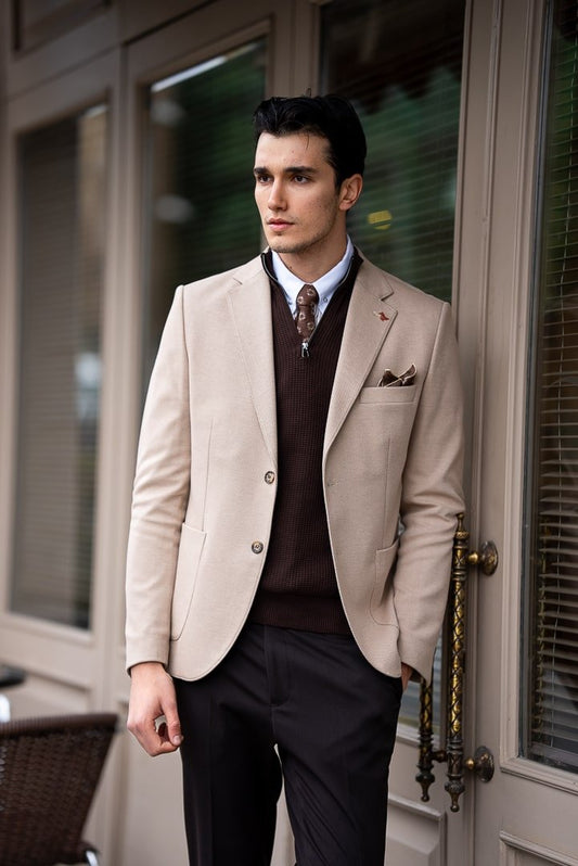 Men’s Beige Single - Breasted Blazer - SUITHARBOR