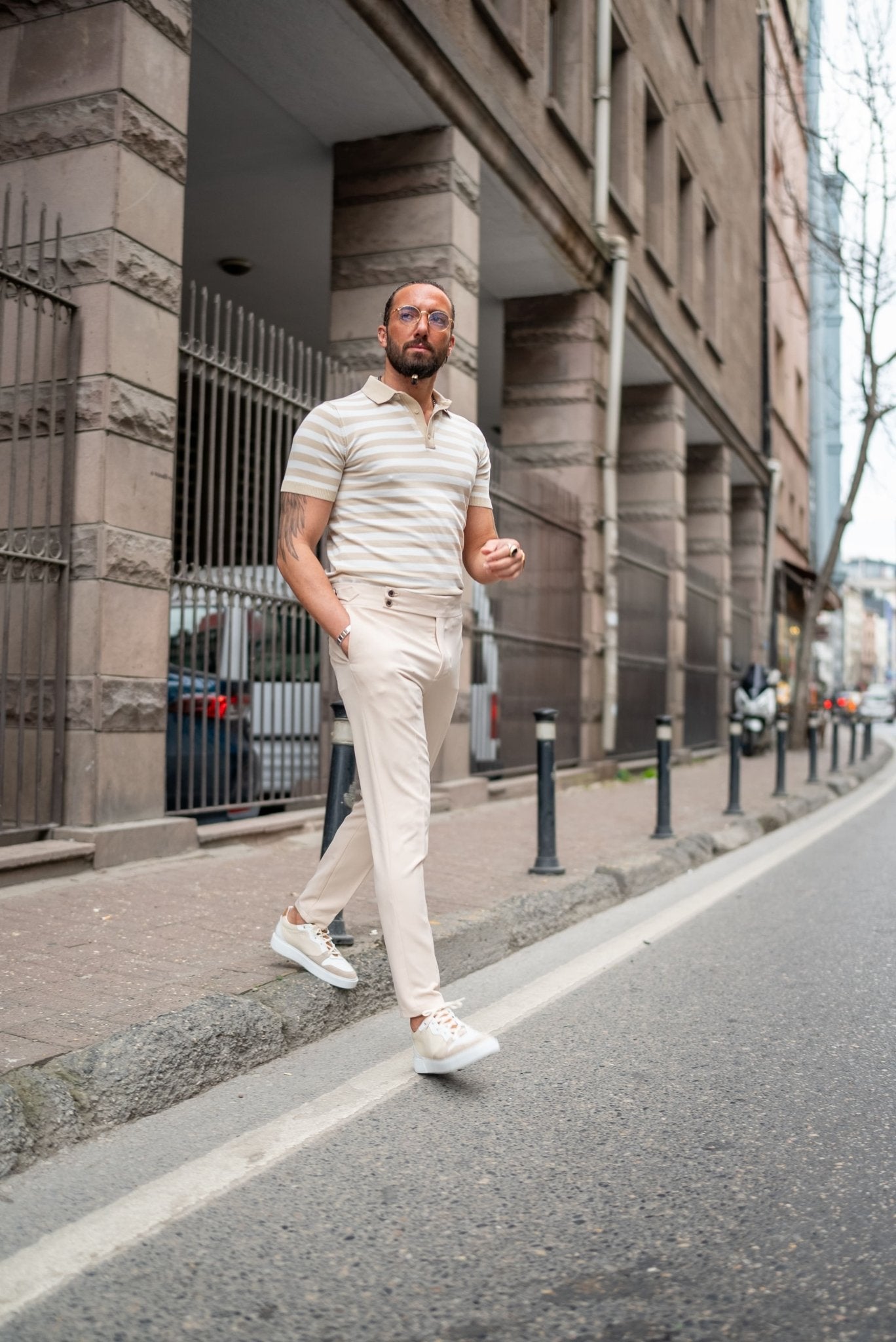 Men’s Beige Slim Fit Belted Double - Button Trousers - SUITHARBOR