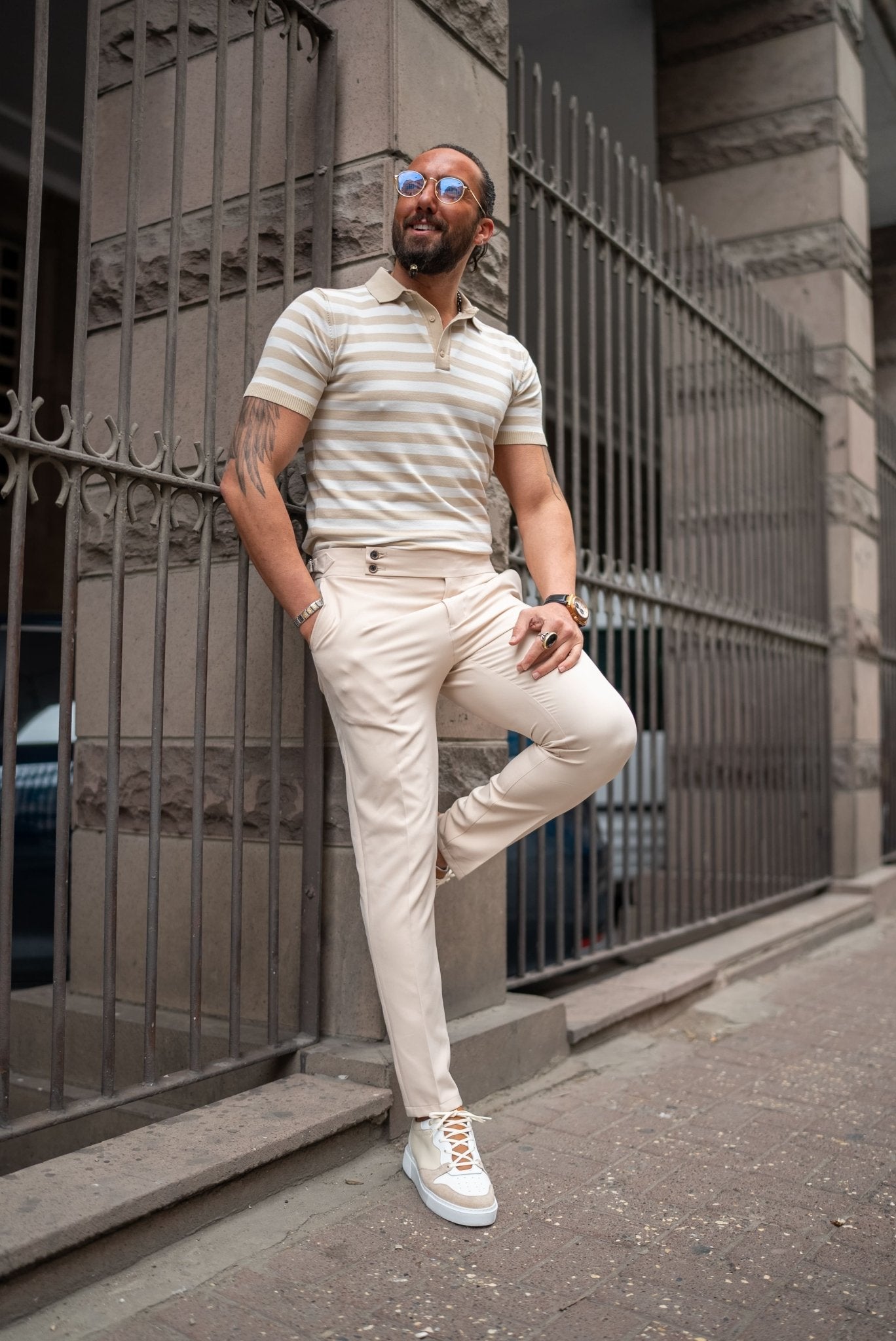 Men’s Beige Slim Fit Belted Double - Button Trousers - SUITHARBOR