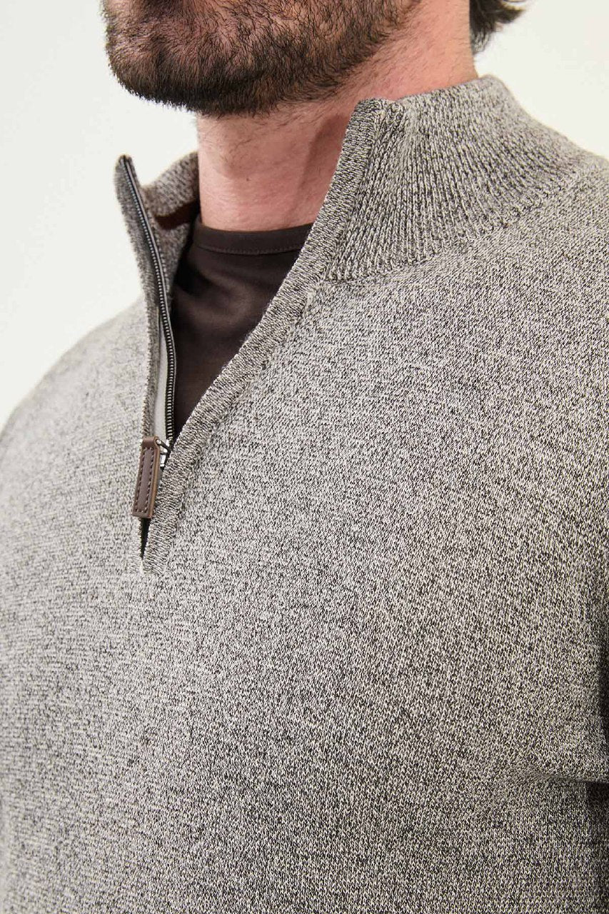 Men’s Beige Slim Fit Half - Zip Knitwear Sweater - SUITHARBOR