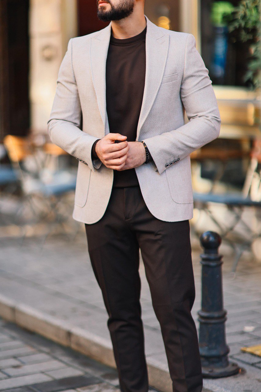 Men’s Beige Slim Fit Mono - Collar Textured Jacket - SUITHARBOR