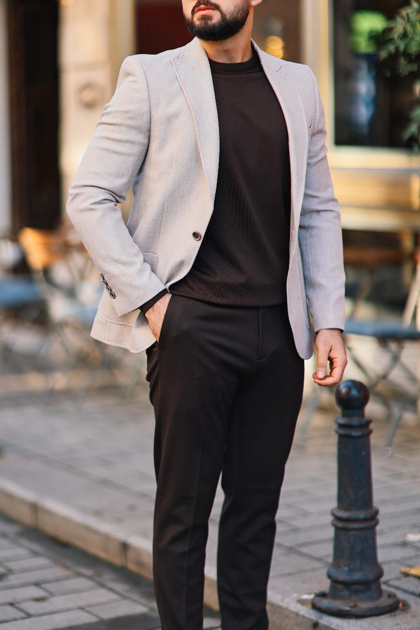 Men’s Beige Slim Fit Mono - Collar Textured Jacket - SUITHARBOR