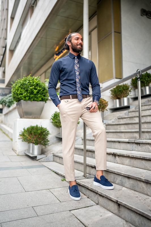 Men’s Beige Slim Fit Stretch Lycra Dress Trousers - SUITHARBOR