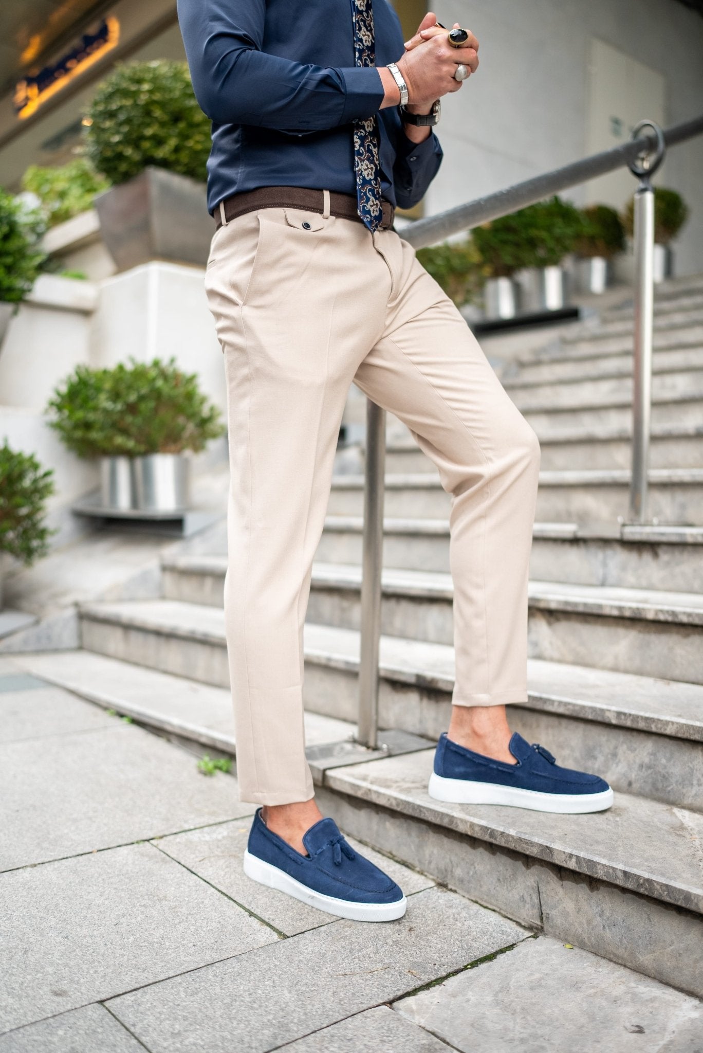 Men’s Beige Slim Fit Stretch Lycra Dress Trousers - SUITHARBOR
