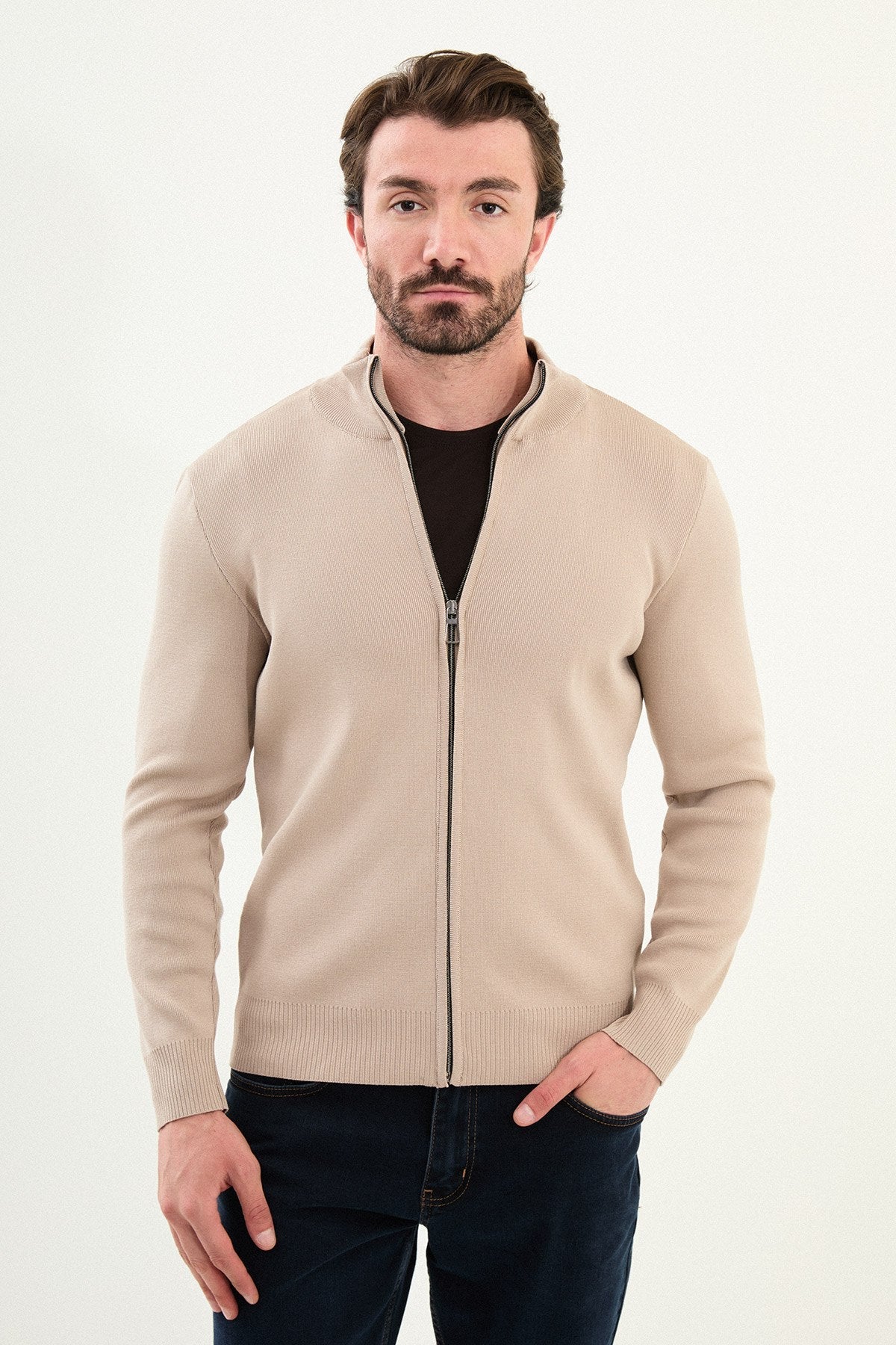 Men’s Beige Slim Fit Zip - Up Knitwear Cardigan Sweater - SUITHARBOR