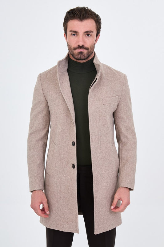 Men’s beige stand-collar wool-blend overcoat, front open view