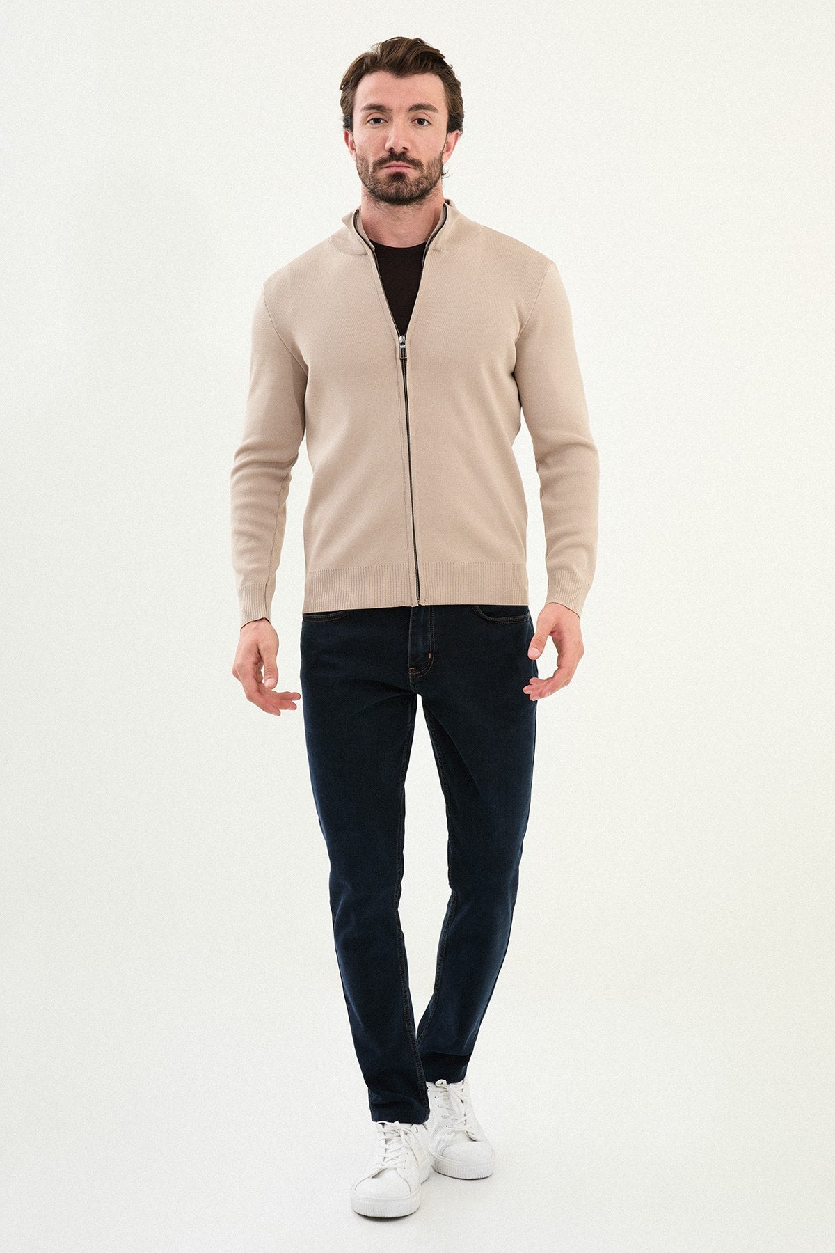 Men’s Beige Stand Collar Zip Knit Cardigan Jacket - SUITHARBOR