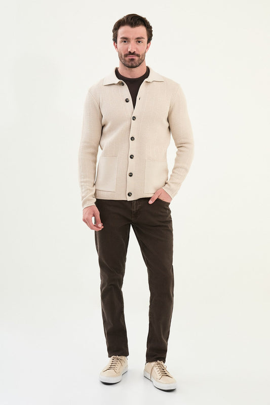 Men’s Beige Textured Button - Up Knit Cardigan - SUITHARBOR