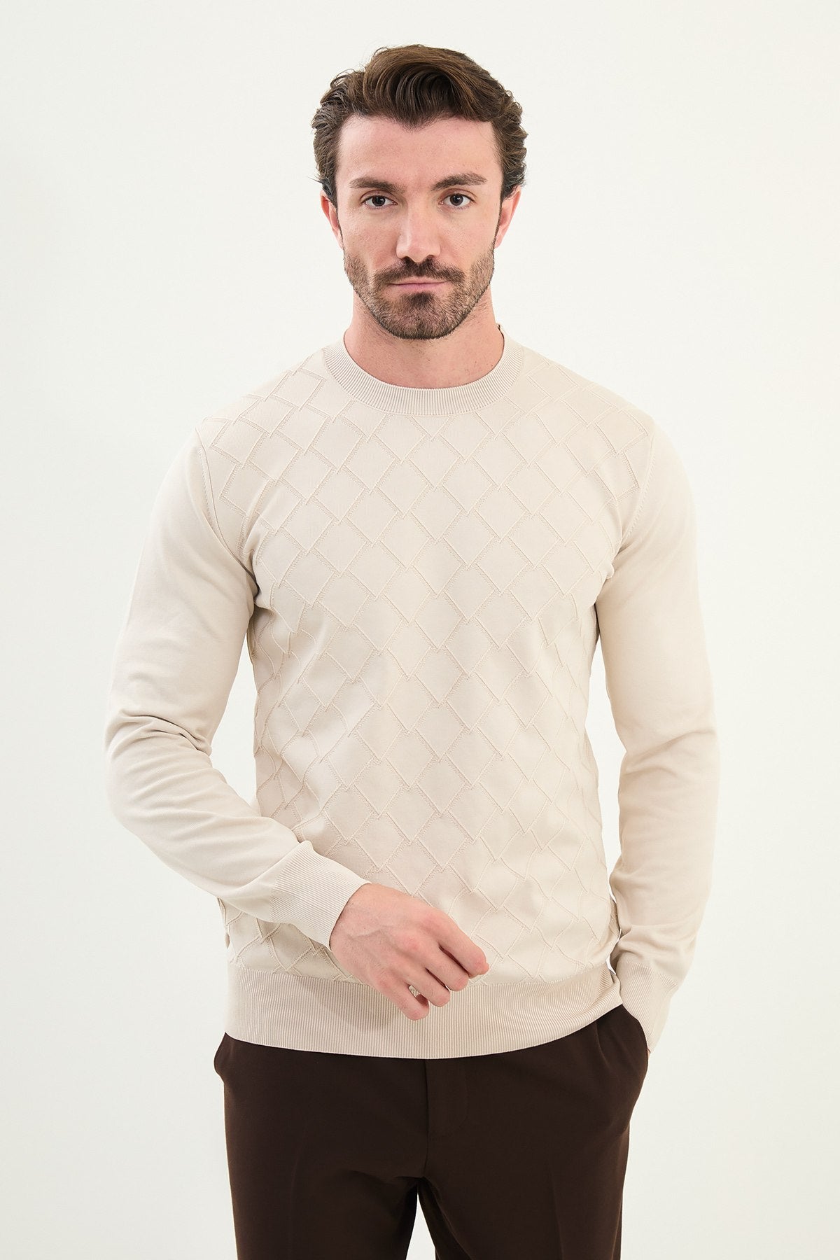 Men’s Beige Textured Knit Sweater - SUITHARBOR