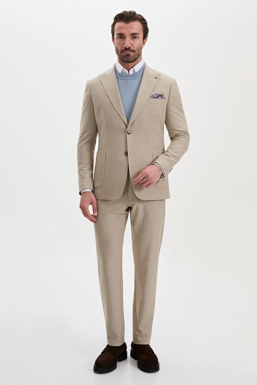 Men's beige textured blazer, full-length view