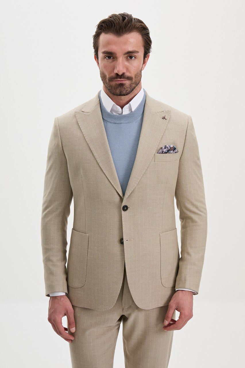 Men's beige textured blazer, front portrait