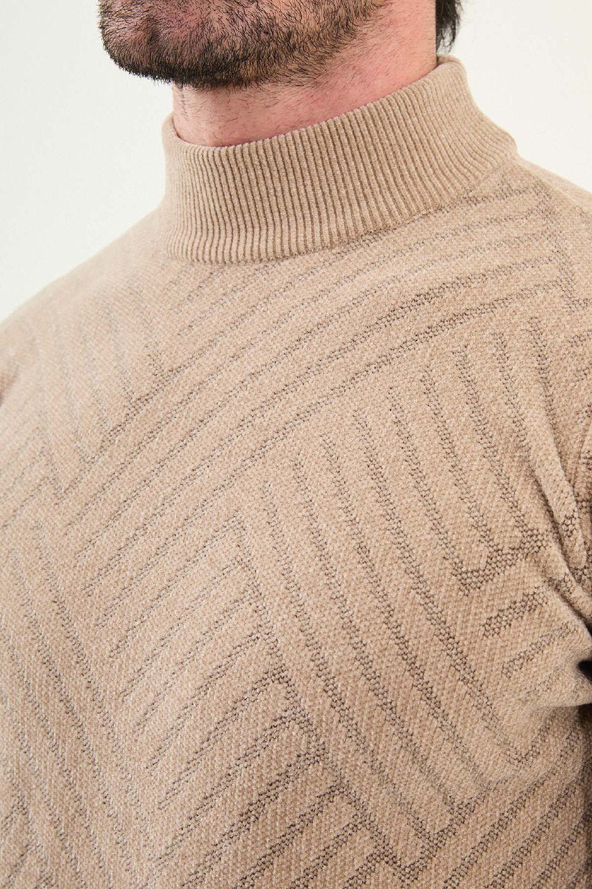 Men’s Beige Textured Slim Fit Mock Up Sweater - SUITHARBOR