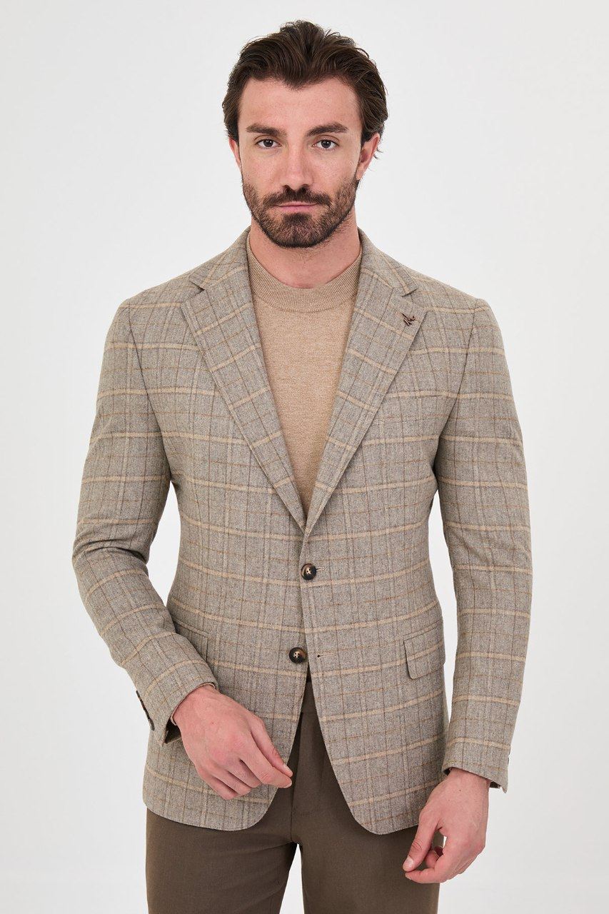 Men's beige windowpane blazer, front view