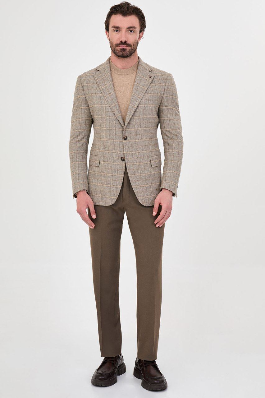 Men's beige windowpane blazer, full-length view