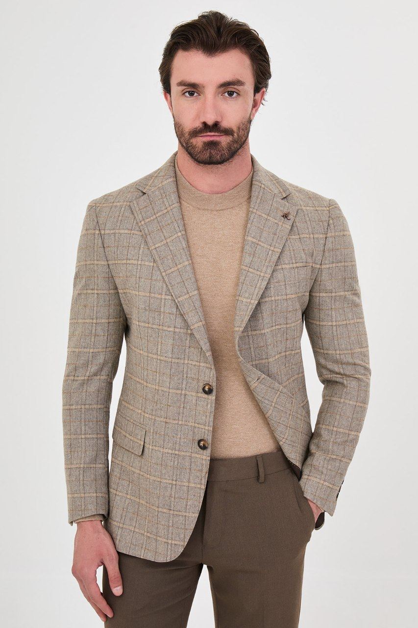 Men's beige windowpane blazer, rear view