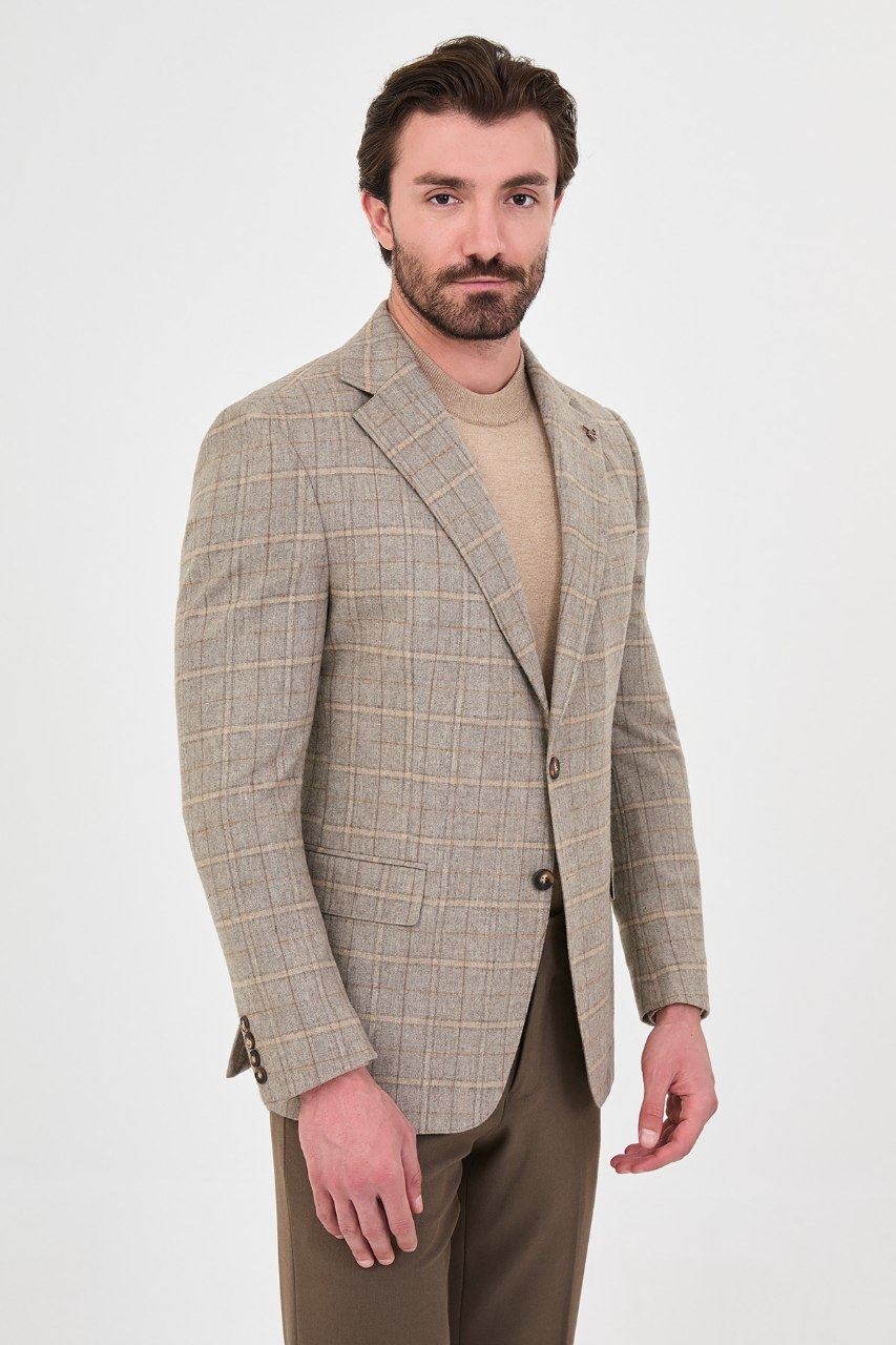Men's beige windowpane blazer, angled view