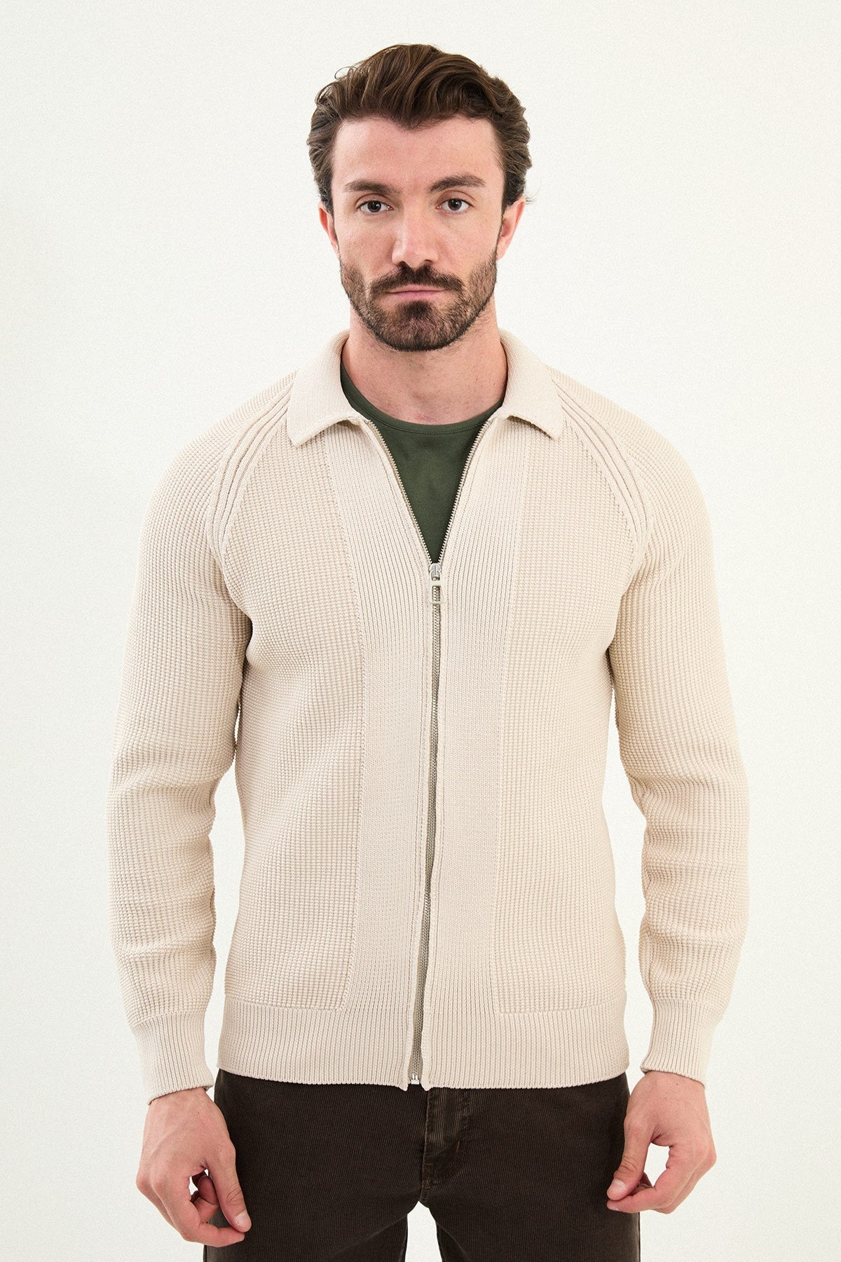 Men’s Beige Zip - Up Slim Fit Knitwear Cardigan Sweater - SUITHARBOR