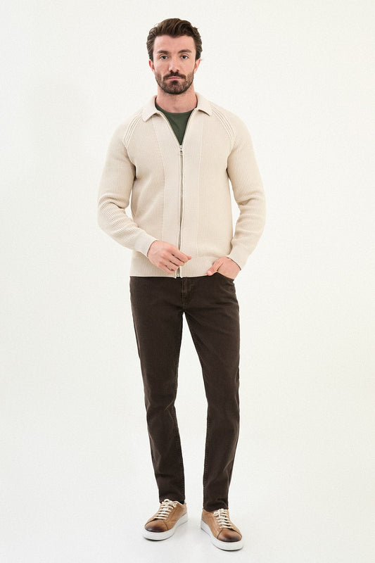 Men’s Beige Zip - Up Slim Fit Knitwear Cardigan Sweater - SUITHARBOR