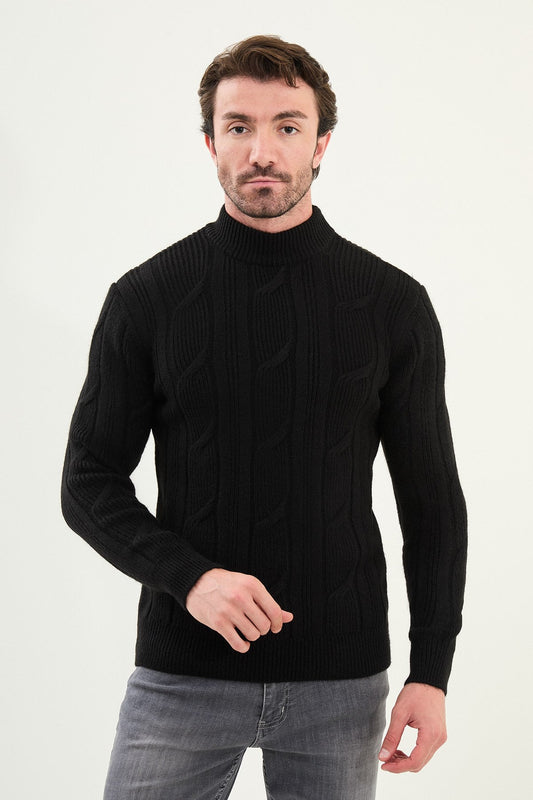 Men’s Black Cable Knit Slim Fit Mockup Sweater - SUITHARBOR