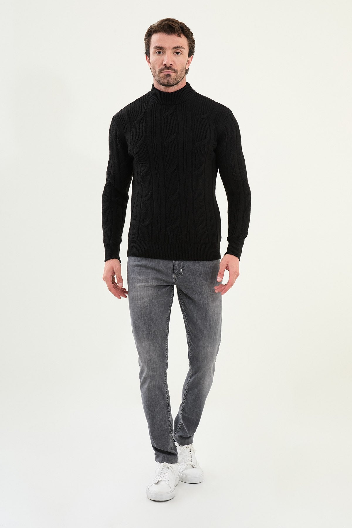 Men’s Black Cable Knit Slim Fit Mockup Sweater - SUITHARBOR