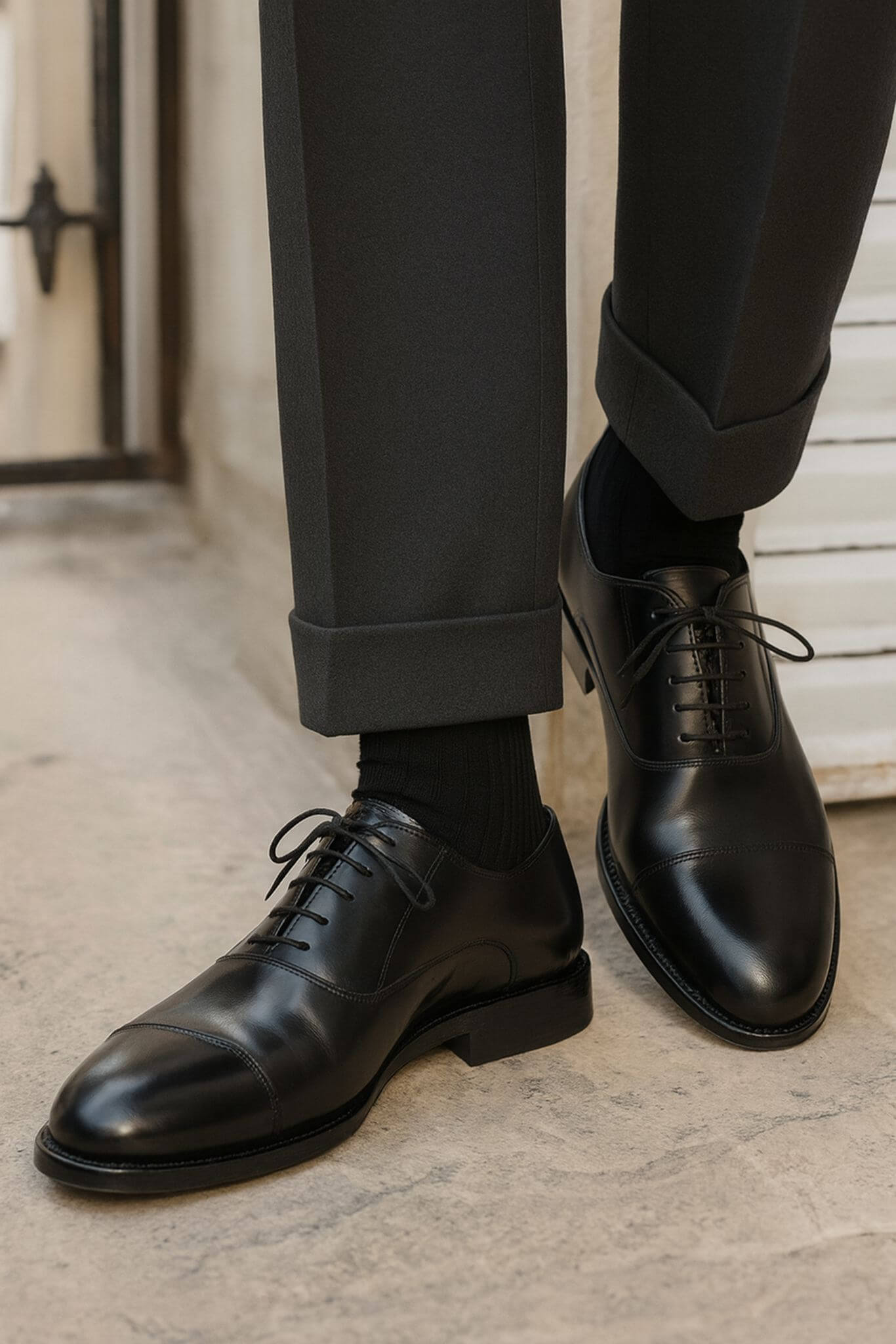 Men's Black Calfskin Cap - Toe Oxford Shoes - SUITHARBOR