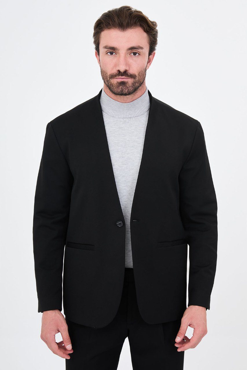 Men's black collarless one-button two-piece suit front styling