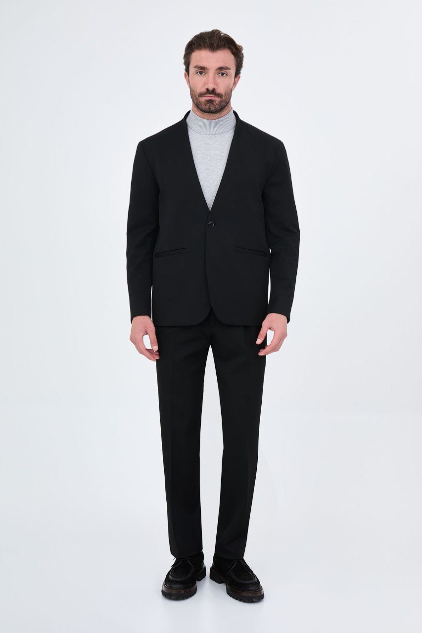Men's black collarless one-button two-piece suit full-length front