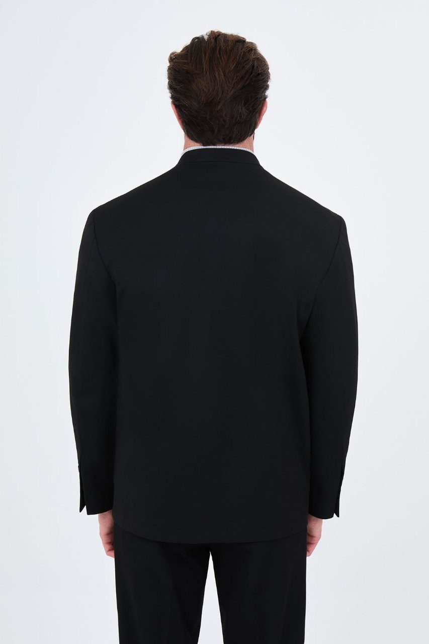 Men's black collarless one-button two-piece suit back view
