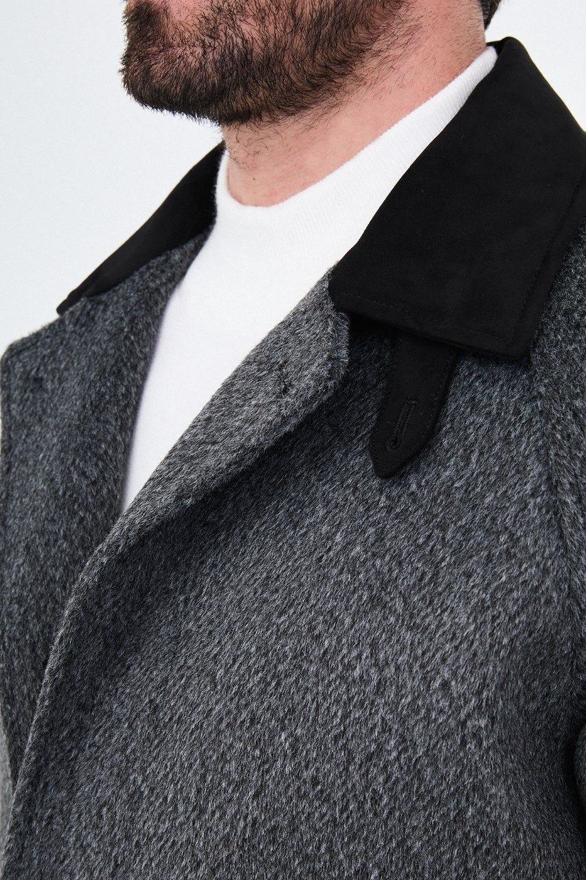 Men’s black wool-blend overcoat with a contrast collar, collar detail view