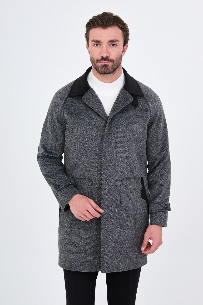Men’s black wool-blend overcoat with a contrast collar, front fastened view
